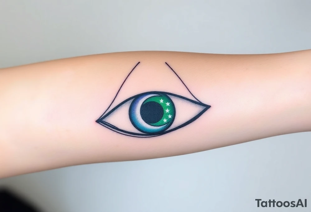 Large outline of an almond shaped eye with an ace of spades for the eyeball center colored greenish blue with a crescent moon stars and clouds inside vivid colors blue green purple tattoo idea