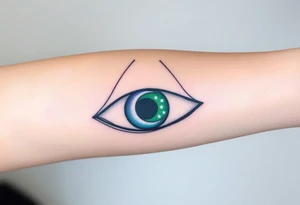 Large outline of an almond shaped eye with an ace of spades for the eyeball center colored greenish blue with a crescent moon stars and clouds inside vivid colors blue green purple tattoo idea