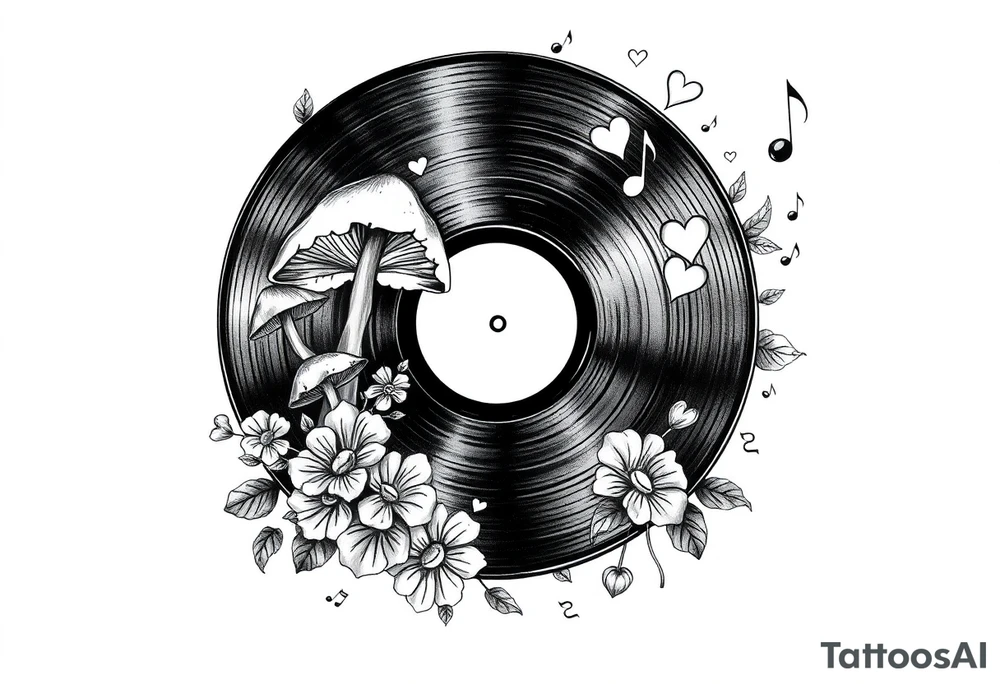 vinyl record with mushrooms, flowers, hearts, and music notes tattoo idea