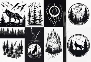 lightning over forest with wolf howling on drum tattoo idea