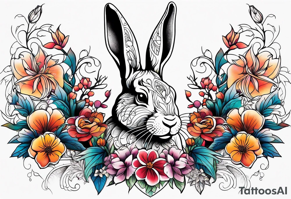 Rabbit head and flowers tattoo idea