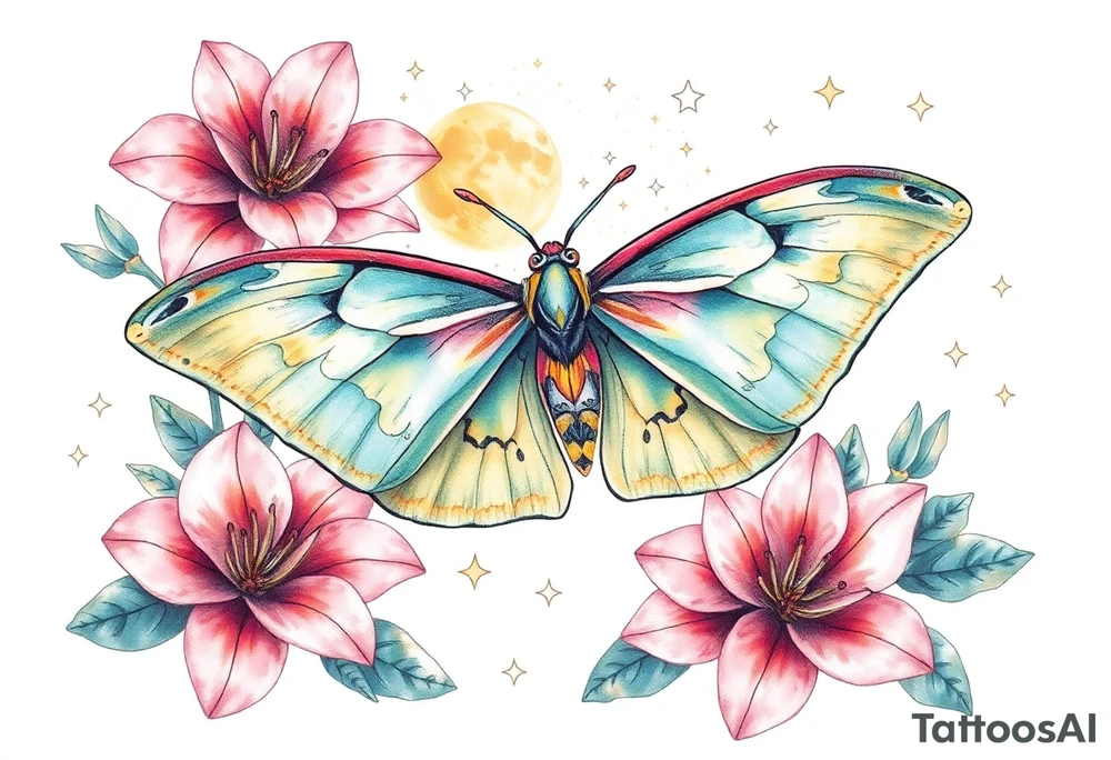 Beautiful Luna moth encompassed by lily flowers and stars tattoo idea