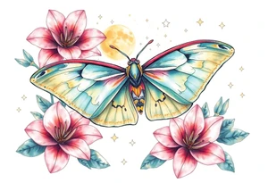 Beautiful Luna moth encompassed by lily flowers and stars tattoo idea