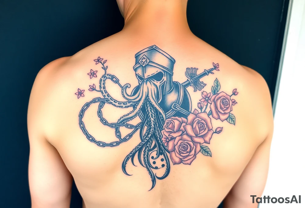 Squid and knight and sailor hat combined with chains, tree roots, cherry blossoms and roses rolling dice tattoo idea