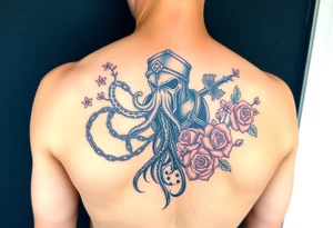 Squid and knight and sailor hat combined with chains, tree roots, cherry blossoms and roses rolling dice tattoo idea