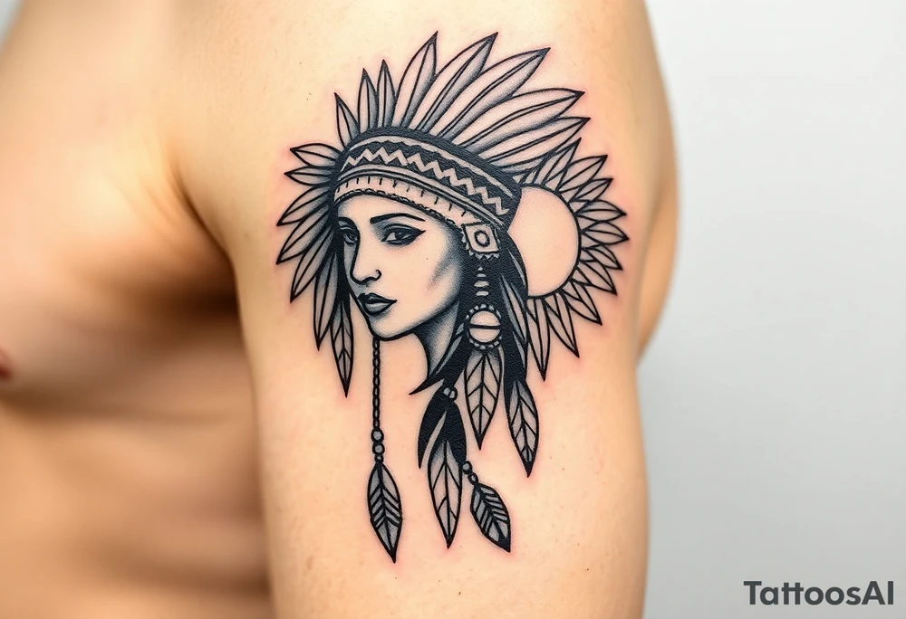 Native American girl with headdress the sun and arrowhead tattoo idea