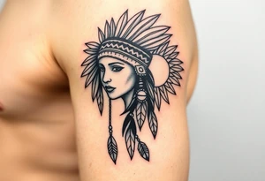 Native American girl with headdress the sun and arrowhead tattoo idea