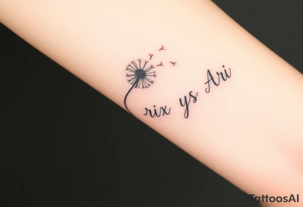 Rix Rys Ari realistic watercolor This image features a delicate dandelion tattoo on a person’s skin, with fine lines and soft shading. The dandelion’s stem extends from the bottom left corner, leading to the detailed flower head, which appears to be dispersing its seeds. The seeds are shown floating away in a natural, wind-swept motion, symbolizing freedom, change, and new beginnings.

The tattoo has a subtle watercolor effect with a gentle pinkish hue around the base of the dandelion, adding depth and softness to the design. The fine-line work gives it a refined and elegant look. The placement on the body makes it a visually appealing and meaningful piece. tattoo idea