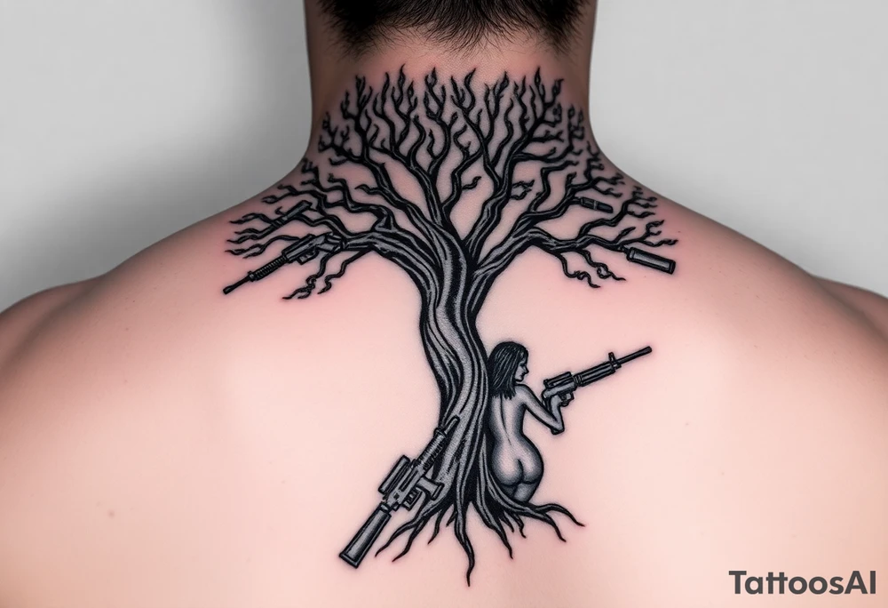 burning tree of life with firearms scattered and nude woman tattoo idea