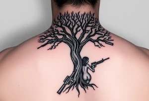 burning tree of life with firearms scattered and nude woman tattoo idea
