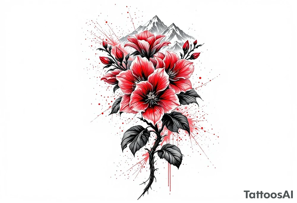 vertical wrist size red  and black rhododendron trippy with Himalayas behind tattoo idea