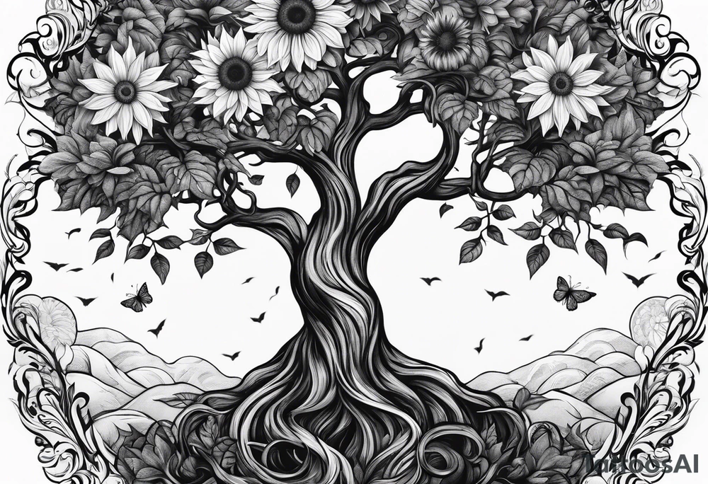 Feminine Yggdrasil tree with 2 sunflowers tattoo idea