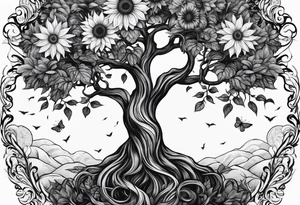 Feminine Yggdrasil tree with 2 sunflowers tattoo idea