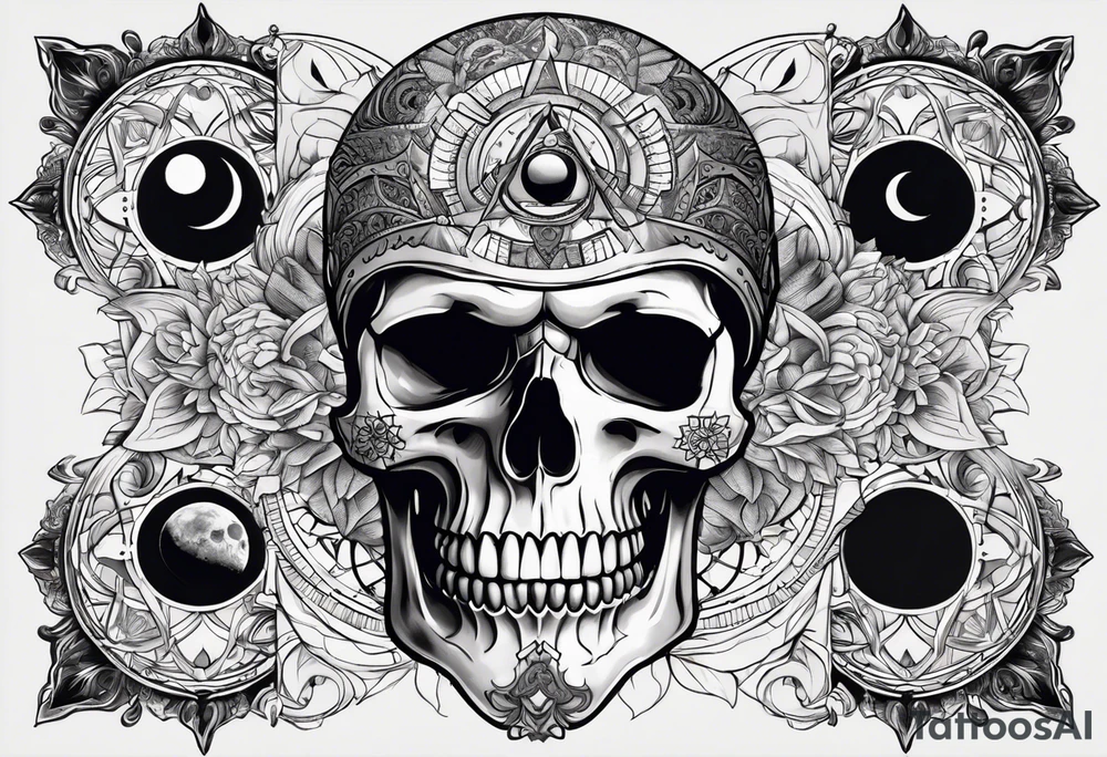 Simple Skull with third eye and dagger through it with the phases of the moon at the bottom endless spiral tattoo idea