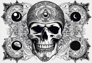 Simple Skull with third eye and dagger through it with the phases of the moon at the bottom endless spiral tattoo idea