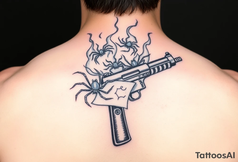 A Tommy gun and burning paper with spiders tattoo idea