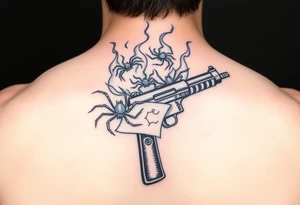 A Tommy gun and burning paper with spiders tattoo idea