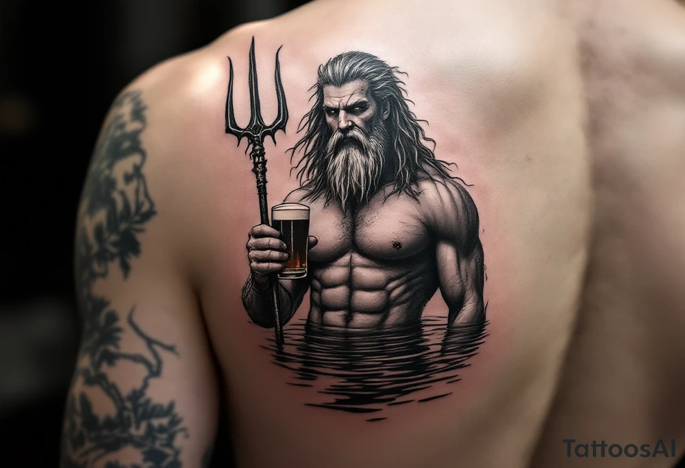 poseidon in calm water, holding a trident, holding a beer tattoo idea