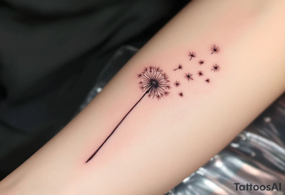 Rix Rys Ari realistic watercolor This image features a delicate dandelion tattoo on a person’s skin, with fine lines and soft shading. The dandelion’s stem extends from the bottom left corner, leading to the detailed flower head, which appears to be dispersing its seeds. The seeds are shown floating away in a natural, wind-swept motion, symbolizing freedom, change, and new beginnings.

The tattoo has a subtle watercolor effect with a gentle pinkish hue around the base of the dandelion, adding depth and softness to the design. The fine-line work gives it a refined and elegant look. tattoo idea