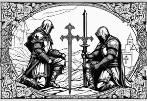 Crusader warriors with sword and cross, kneeling tattoo idea