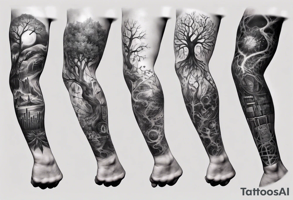 full arm sleeve tattoo... DNA science guitar piano, music. tree of life tattoo idea