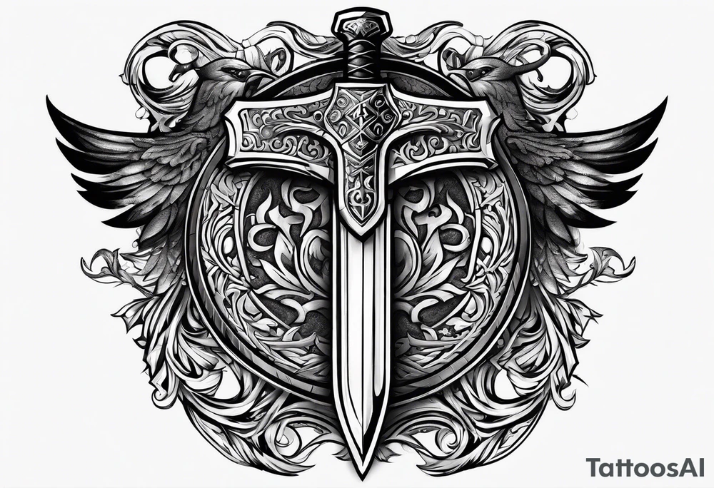 Valhalla sword shield axe tattoo idea