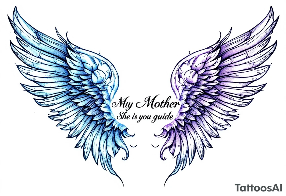 A pair of angel wings in light blue and lavender with “My Mother, She Is My Guide” between them. tattoo idea