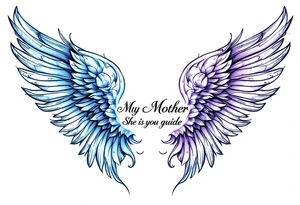 A pair of angel wings in light blue and lavender with “My Mother, She Is My Guide” between them. tattoo idea