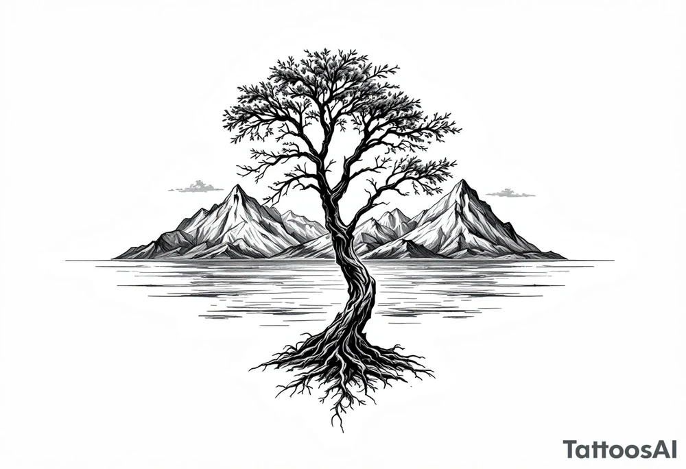 acacia tree with mountains and the ocean tattoo idea