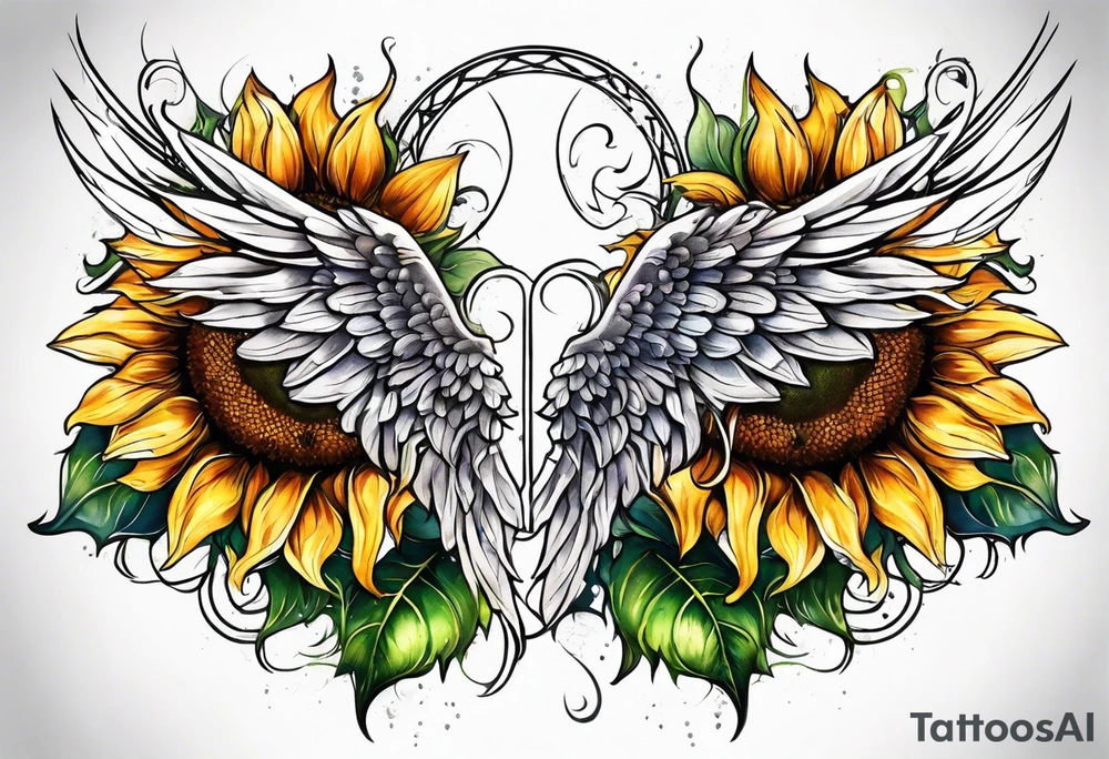Sunflowers and angel wings leg sleeve tattoo idea