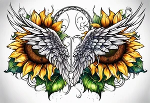 Sunflowers and angel wings leg sleeve tattoo idea