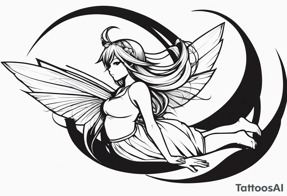 No color sketch of a fairy with a tail inspired by the guild symbol in the anime show called Fairy Tail in a fetal position leaning forward while crawled in and her body is an angle while floating in the air with big wings tattoo idea