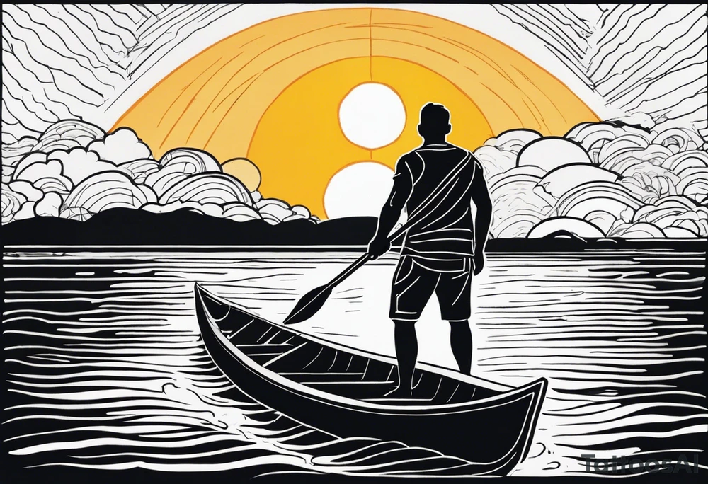 pictured from behind, average sized man with his arms fully extended straight out from chest level, standing on top of modestly sized canoe on the water with a sun above his head. tattoo idea