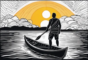 pictured from behind, average sized man with his arms fully extended straight out from chest level, standing on top of modestly sized canoe on the water with a sun above his head. tattoo idea