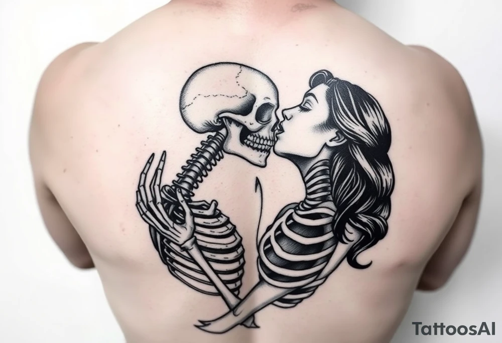 A lady passionately kissing a skeleton tattoo idea