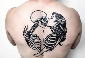 A lady passionately kissing a skeleton tattoo idea