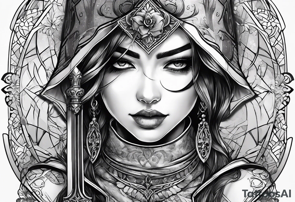 Bind Girl with cover on her eyes with a sword in her hand and in the other hand Golda a scale tattoo idea