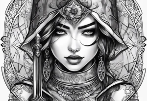 Bind Girl with cover on her eyes with a sword in her hand and in the other hand Golda a scale tattoo idea