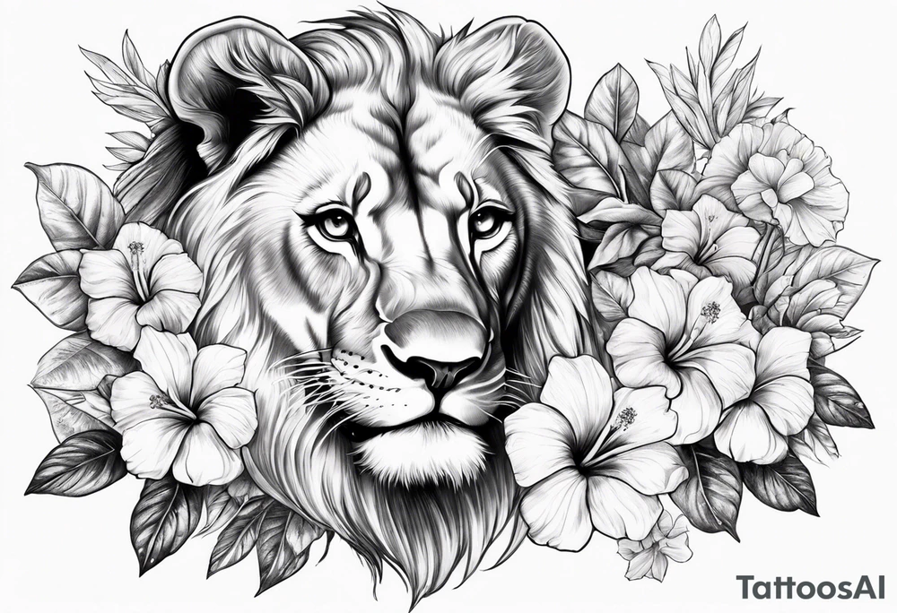 Women lion with hibiscus flowers something inspirational and meaning tattoo idea