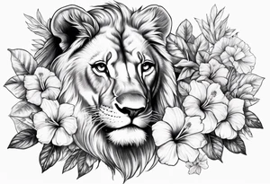 Women lion with hibiscus flowers something inspirational and meaning tattoo idea