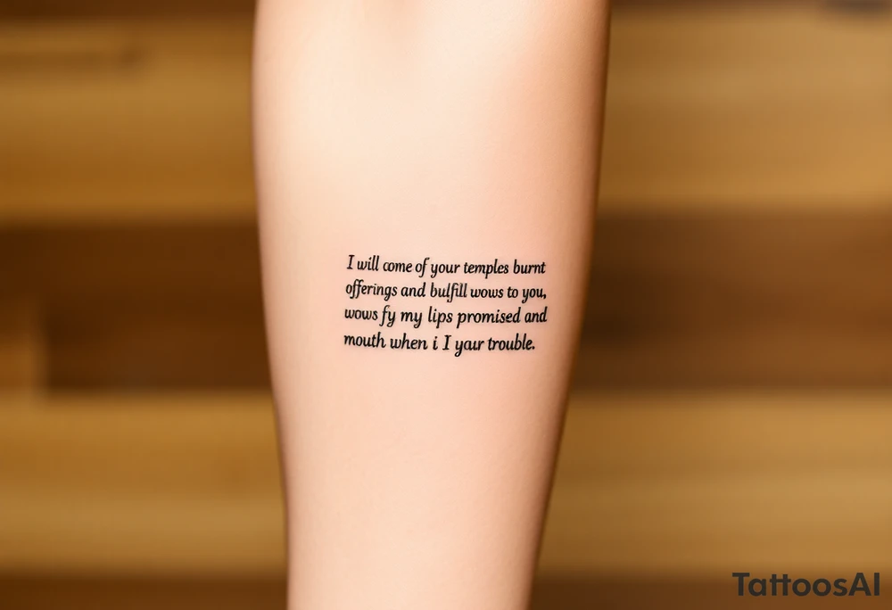 “I will come to your temple with burnt offerings and fulfill my vows to you— vows my lips promised and my mouth spoke when I was in trouble.” tattoo idea