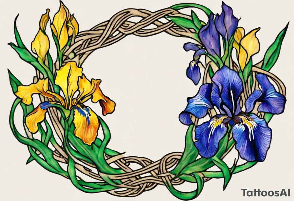 Create a small thick colorful Vincent van Gogh Irises tattoo , with vines in Celtic knots gracefully intertwining at a central point in the middle of the wreath.  The intended placement is on the upper chest. The overall design should be small in size while maintaining a delicate and artistic aesthetic. Pay attention to the graceful flow of the vines and the placement of the irises to achieve a refined and elegant look. tattoo idea