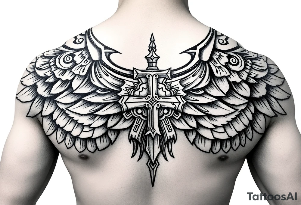 help me brainstorm some ideas and or concepts for a tattoo. I want to incorporate my Mexican culture, especially my Aztec roots, as well as my Christian faith. I want it to look like I’m wearing Aztec armor. chest piece tattoo idea