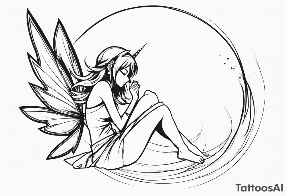 No color sketch of a fairy with a tail inspired by the guild symbol in the anime show called Fairy Tail in a fetal position leaning forward while crawled in with hands a bit forward and her body is an angle while floating in the air tattoo idea