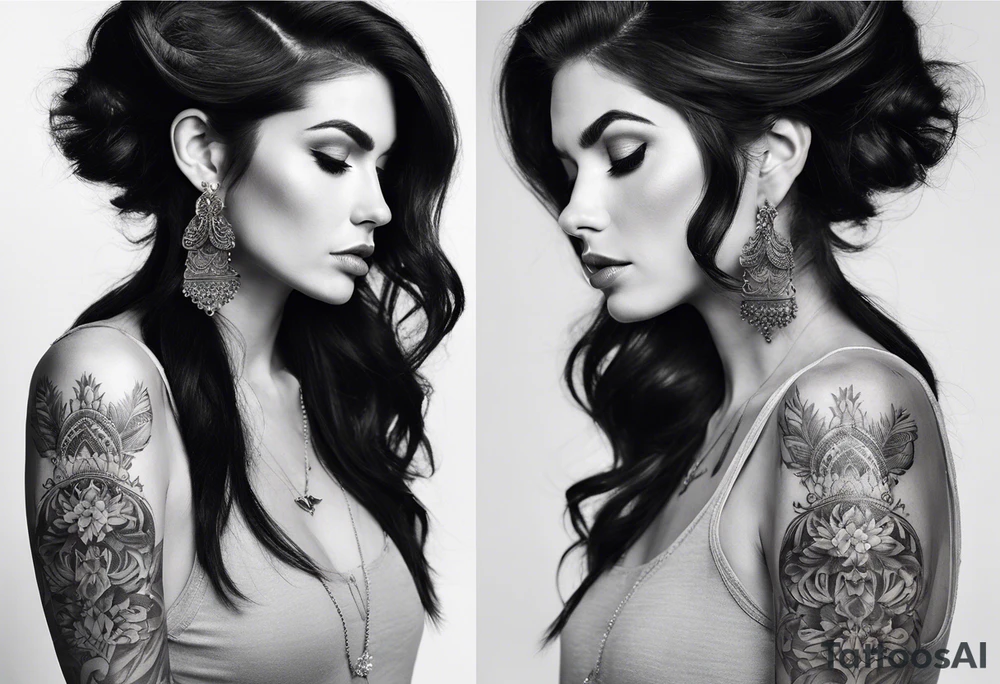 A white woman with dark hair and features. She will be posing sideways portrait style but looking head on. She needs to embody a modern queen. . And the outside of the tattoo can fade away with smoke. It’s for my outer shoulder so it’s about 20x7cm her hair should be down and loose and she can have 2-3 flowers in her hair. tattoo idea