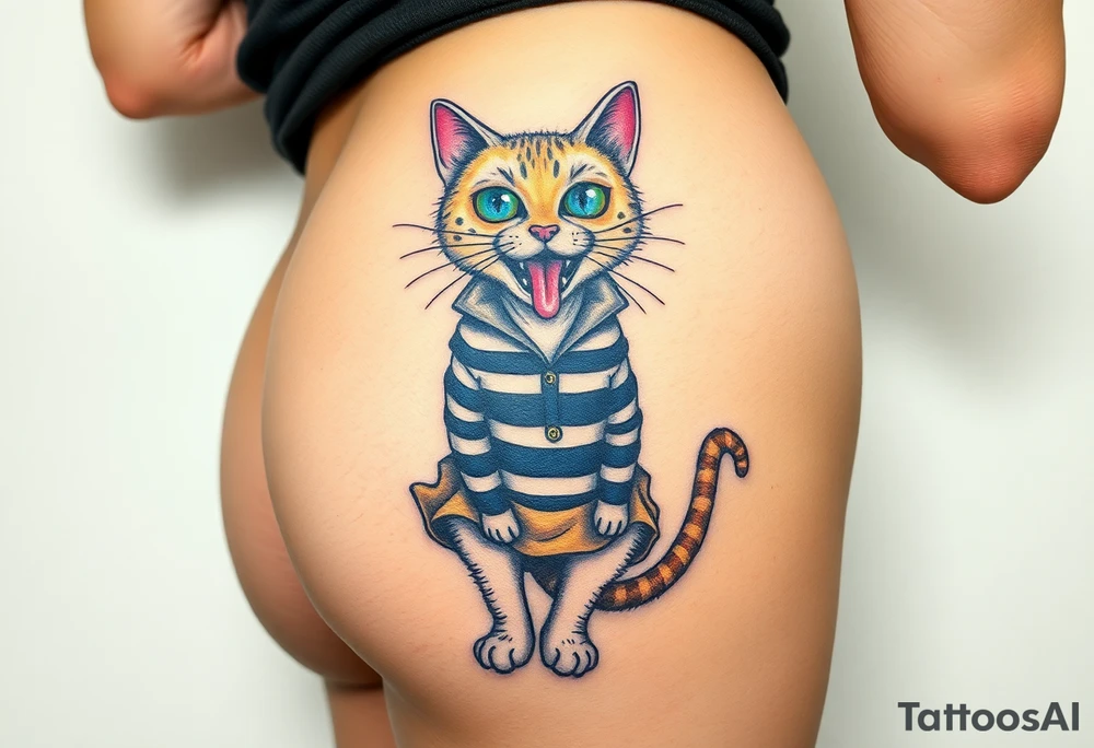 Design a tattoo of a high-quality full color illustration in a surrealism style. The main element should be a cat wearing a straightjacket sitting upright on its butt  wearing  a  skirt that is knee length and displaying a wild, crazy expression on its face.  , bulging eyes and tongue hanging ouy one side og its mouth ,very detailed, very colorful and  vivid , highest quality tattoo . it  is placed on the buttock  of a young woman with a perfectly shaped firm butt, tattoo idea