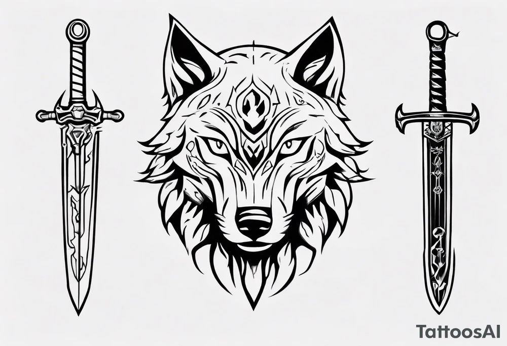 wolf head with sword in background tattoo idea