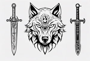 wolf head with sword in background tattoo idea