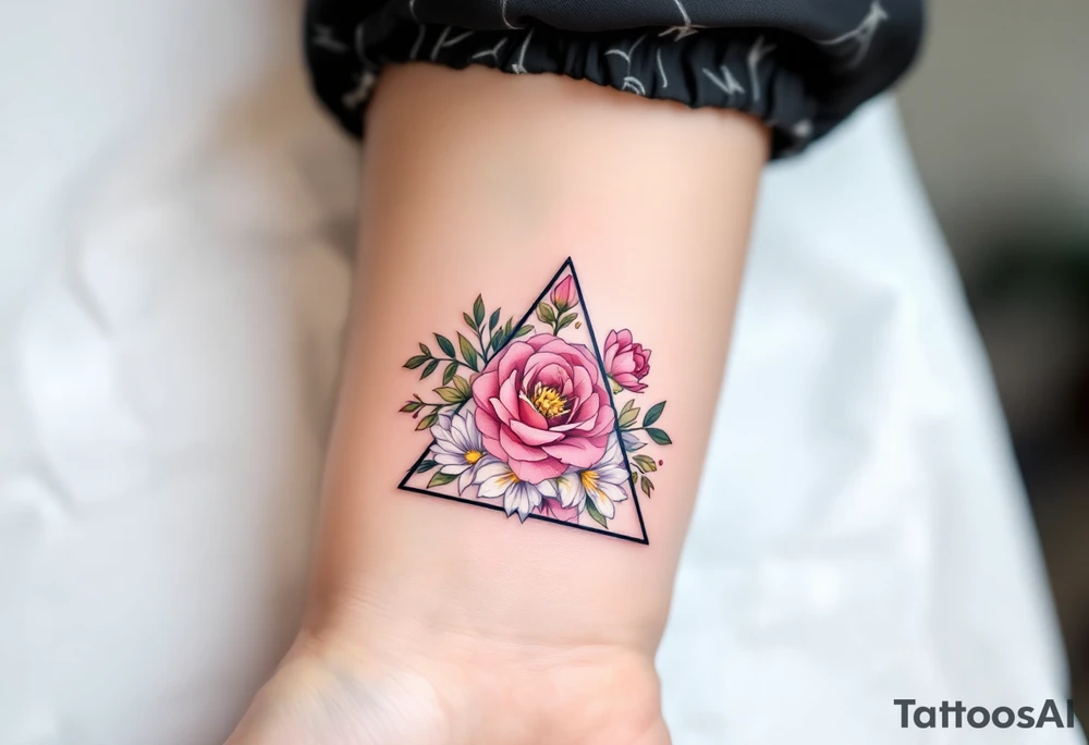 A triangle tattoo filled with flowers in pastel tones, blending geometry and femininity. tattoo idea