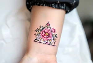 A triangle tattoo filled with flowers in pastel tones, blending geometry and femininity. tattoo idea